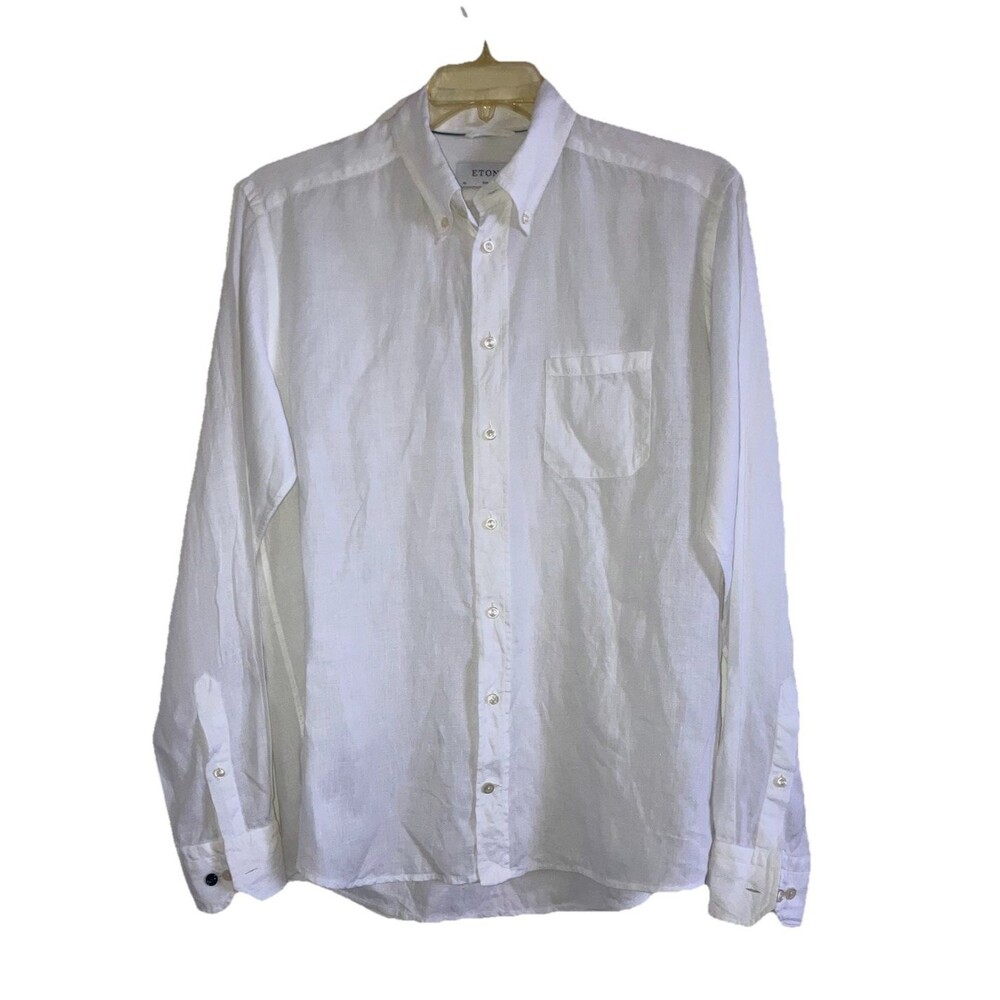 ETON SLIM L Solid White 100% Linen Long Sleeve Dress / Casual Men's Shirt Button - Picture 1 of 6